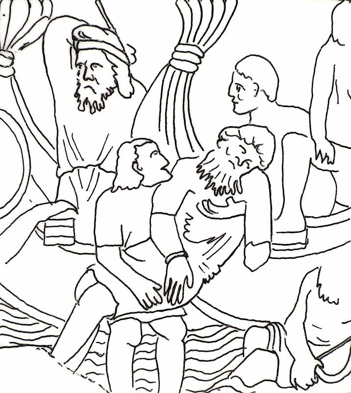 Griech. Rezeption (Marathonrelief)T11.jpg - Das sog. Marathonrelief zeigt aus griechischer Sicht die Flucht der persischen Flotte. Die Faltengewänder sind hier nur angedeutet und irrtümlich rezipiert.